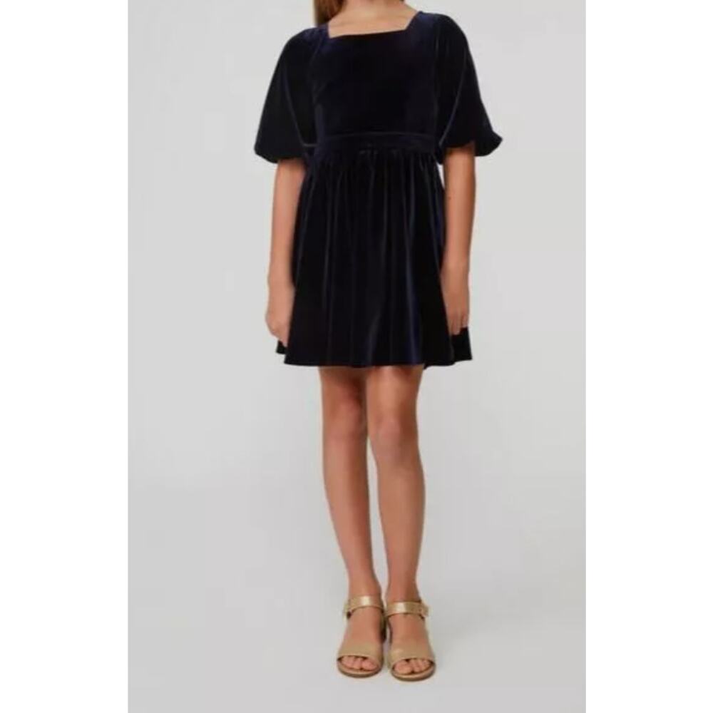 BARDOT Girl's Wynter Velour Dress Size 16 Navy Blue Short Puff Sleeve NWT